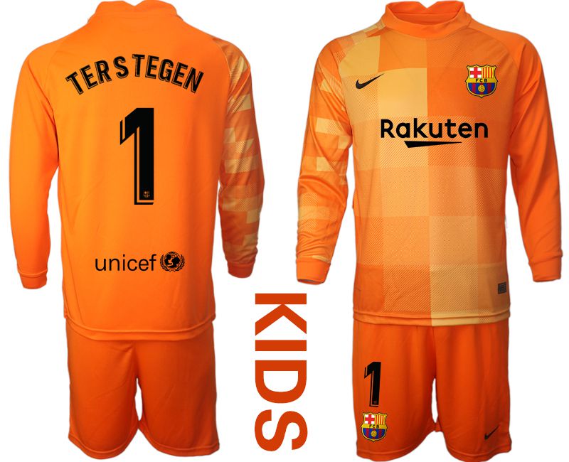 Youth 2021-2022 Club Barcelona orange red goalkeeper long sleeve #1 Soccer Jersey